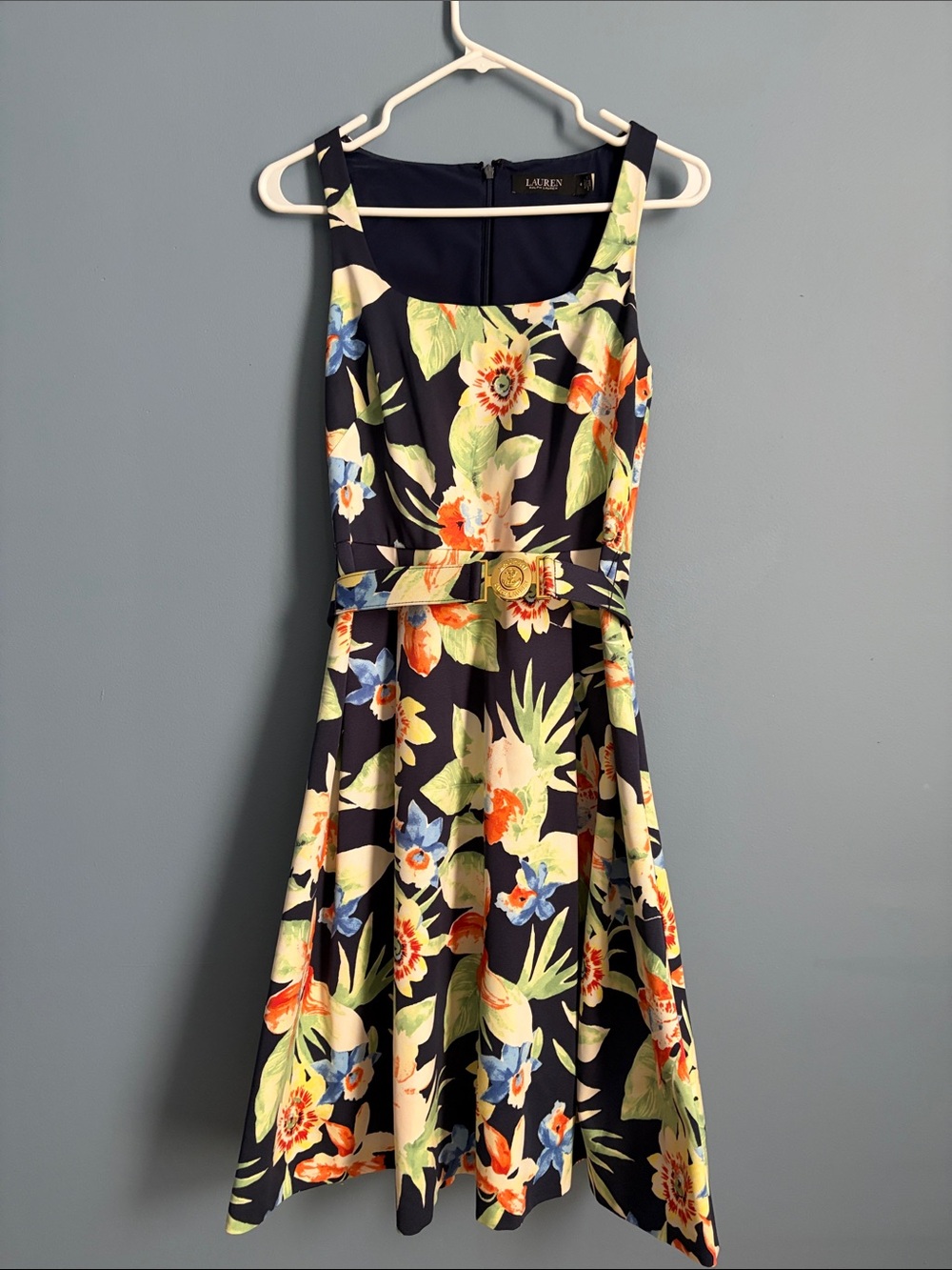 Lauren Ralph Lauren Navy Floral Midi Dress with Belt